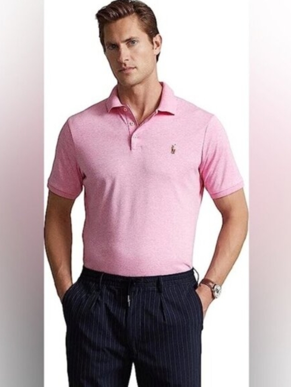 Polo by Ralph Lauren Men's Heather Pink Polo with Pony Embroidery, Slim, L